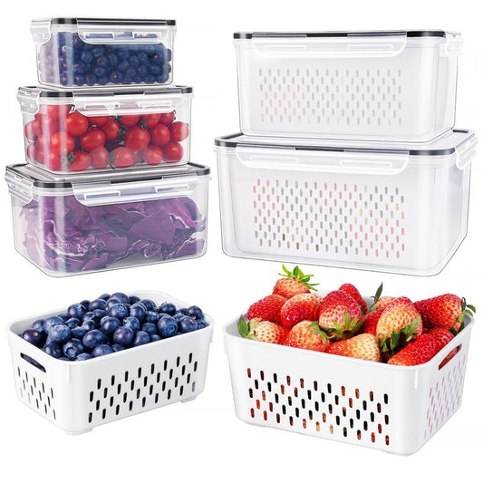 Set 3 Contenitori per Frutta con Cestello Scolapasta Rimovibile, Antigoccia e Impilabili