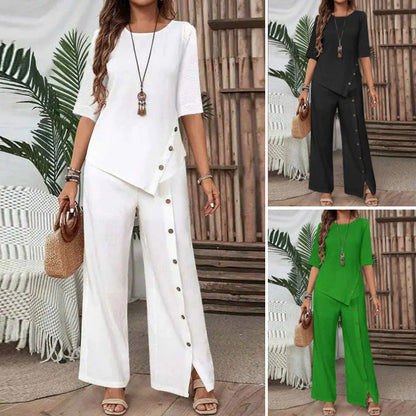 ✨Nuovi saldi -57%✨Set due pezzi da donna composto da top con orlo irregolare e pantaloni a gamba larga