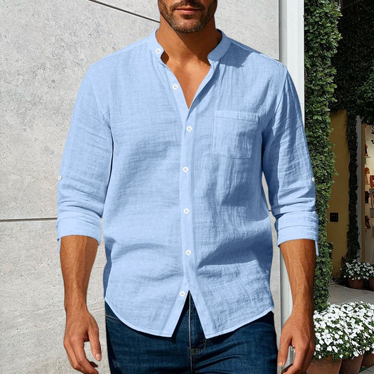 💎Ultimo giorno a prezzo speciale💎 Camicia da uomo a maniche lunghe in lino di alta qualità 👔 Design con colletto alla coreana • Traspirante e leggera • Perfetta per creare un look business casual 👍