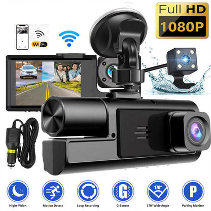 🚗🎥Dash Cam 3 telecamere 1080P HD – Anteriore + Interna + Posteriore con retromarcia 🔥