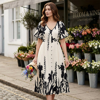 🎁 Nuovo Arrivo – Sconto del 50% 💥 Abito Midi Morbido con Stampa Botanica e Scollo a V – Elegante, Leggero e Versatile