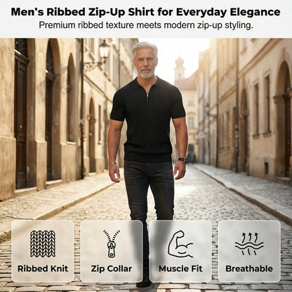 Camicia da uomo a maniche corte in maglia a coste con cerniera
