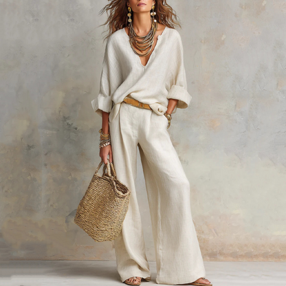 Set da donna a due pezzi: top con scollo a V e pantaloni a gamba larga