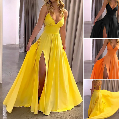 ⏳Offerta a tempo limitato⏰ Maxi abito con scollo a V, spalline sottili e spacco profondo