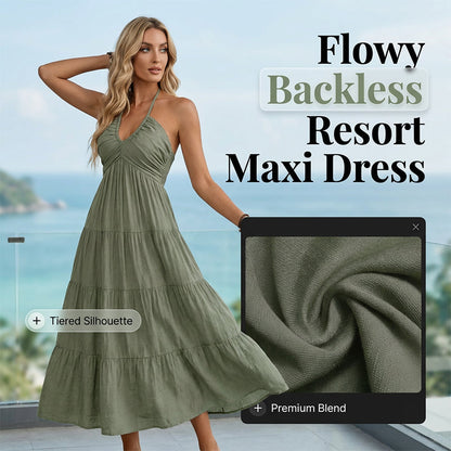 🏝️👗 Sconto del 40%!! ☀️ Maxi abito da donna a balze, scollatura all'americana e schiena scoperta