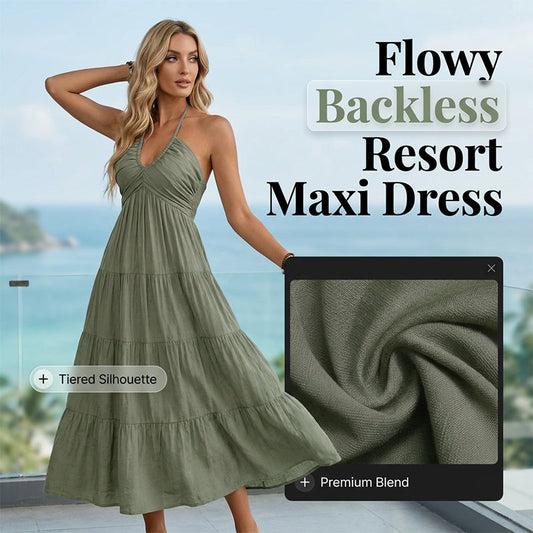 🏝️👗 Sconto del 40%!! ☀️ Maxi abito da donna a balze, scollatura all'americana e schiena scoperta