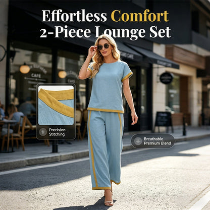 Completo casual da donna a 2 pezzi – Top e shorts/pantaloni, profili a contrasto, tessuto morbido