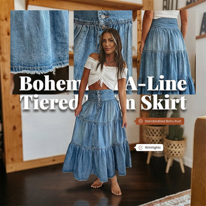 👗 SCONTO DEL 40% PER UN PERIODO LIMITATO! ✨ Gonna lunga in denim – Vita alta, a balze, linea ad A, abbottonatura frontale ✨