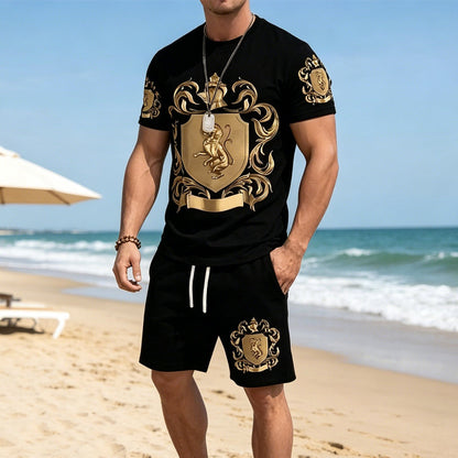🖤👕🩳 -50% sul Set Uomo T-shirt e Shorts Gold Crest ✨ – Stampa di Lusso, Comfort Traspirante e Stile Estivo Immediato