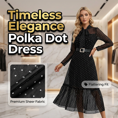 Elegante abito midi a pois con collo annodato