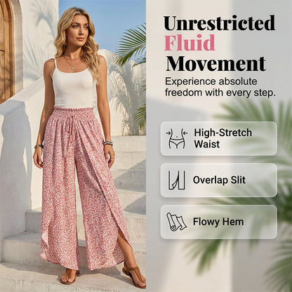 Pantaloni da donna a gamba larga con spacco e vita arricciata