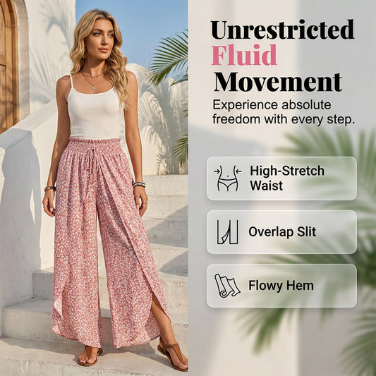 Pantaloni da donna a gamba larga con spacco e vita arricciata