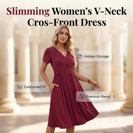 Abito da donna con scollo a V e pieghe incrociate sul davanti