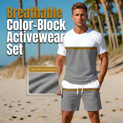 🏖️👕 Completo sportivo estivo da uomo color-block: t-shirt traspirante e pantaloncini con coulisse, due pezzi.