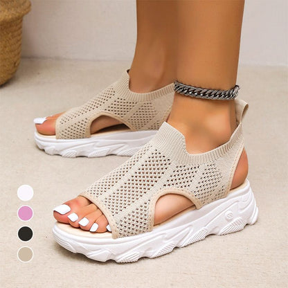 Sandali casual da donna con plateau, in maglia traforata traspirante