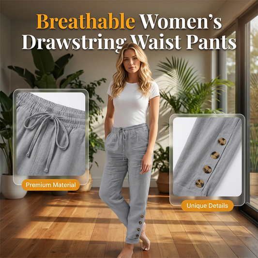 Pantaloni da donna con vita a coulisse e fondo gamba con bottoni