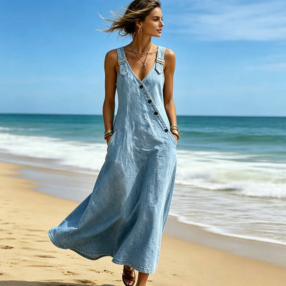 Abito in denim asimmetrico con bottoni, elegante, da donna