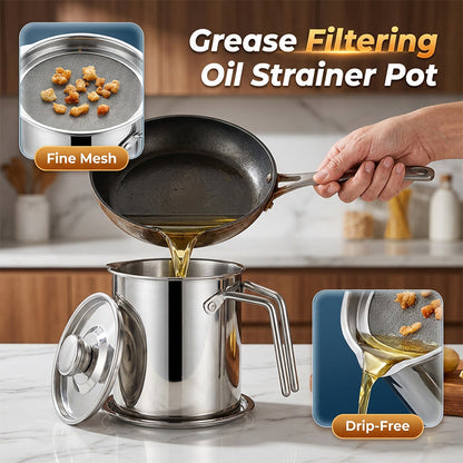 Contenitore filtrante per olio in acciaio inox con coperchio