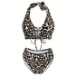 Set bikini da donna a vita alta con stampa leopardata e allacciatura al collo