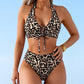 Set bikini da donna a vita alta con stampa leopardata e allacciatura al collo