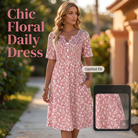 Abito casual da donna con scollo a V, stampa e tasche