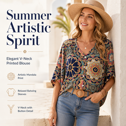 💥【OFFERTA A TEMPO LIMITATO: SCONTO DEL 50%】🔥 Top con stampa mandala e maniche a pipistrello | Stampa digitale resistente allo scolorimento | Vestibilità comoda e traspirante | Antipiega e no-stiro | Disponibile in vari colori (taglie S-2XL)