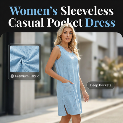 Abito casual da donna senza maniche, con scollo rotondo e tasche