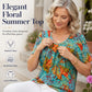 Top casual da donna a maniche corte con scollo a V, stampa e dettagli plissettati