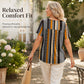 Top casual da donna a maniche corte con scollo a V, stampa e dettagli plissettati