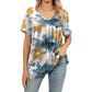 Top casual da donna a maniche corte con scollo a V, stampa e dettagli plissettati