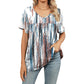 Top casual da donna a maniche corte con scollo a V, stampa e dettagli plissettati