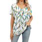 Top casual da donna a maniche corte con scollo a V, stampa e dettagli plissettati