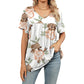 Top casual da donna a maniche corte con scollo a V, stampa e dettagli plissettati