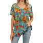 Top casual da donna a maniche corte con scollo a V, stampa e dettagli plissettati