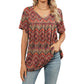 Top casual da donna a maniche corte con scollo a V, stampa e dettagli plissettati