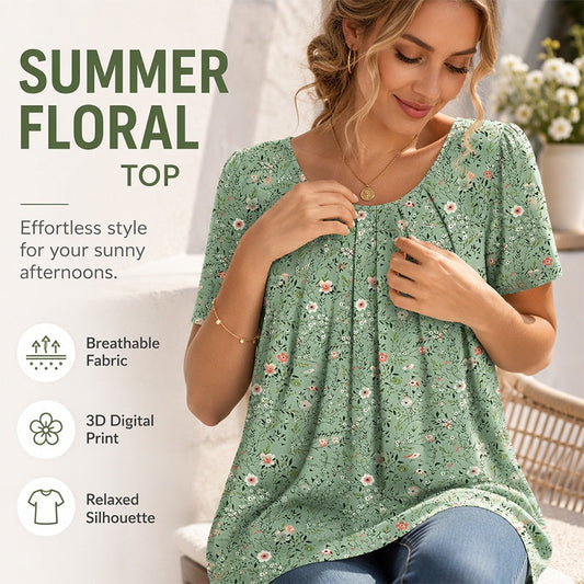 👚 Top floreale da donna a maniche corte e scollo rotondo — Top leggero con stampa floreale e classico scollo rotondo