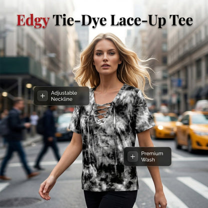 T-shirt da donna con scollo a V, allacciatura e fantasia tie-dye