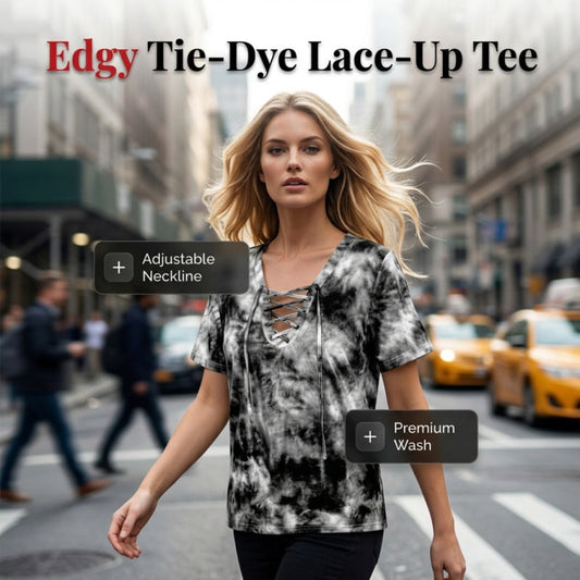 T-shirt da donna con scollo a V, allacciatura e fantasia tie-dye