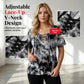 T-shirt da donna con scollo a V, allacciatura e fantasia tie-dye