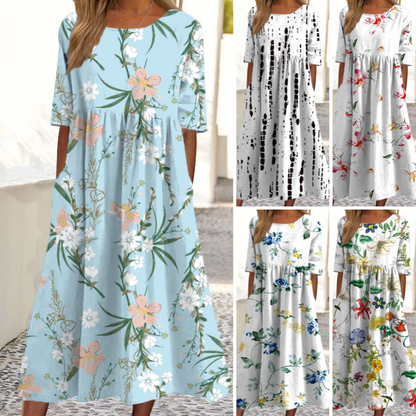Abito lungo elegante da donna a girocollo con stampa floreale