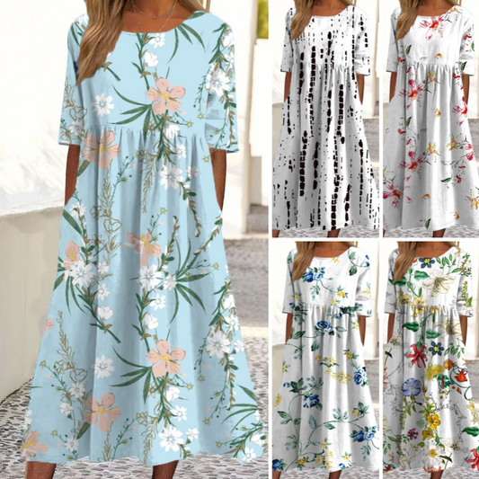Abito lungo elegante da donna a girocollo con stampa floreale