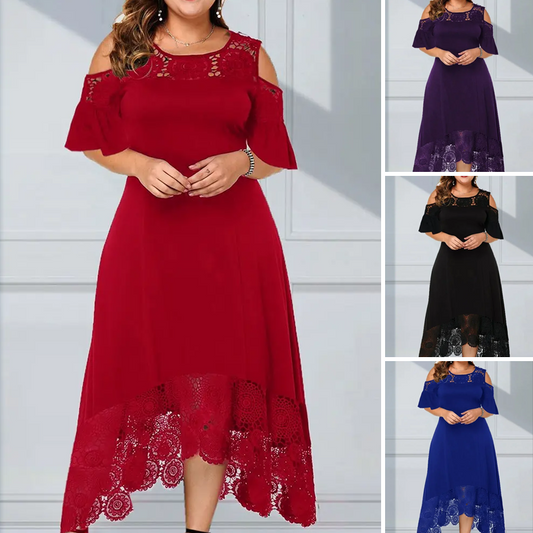 Abito elegante da donna con spalle scoperte e orlo in pizzo